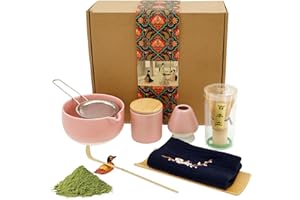 VAVPUP Matcha Set,9 Stück Matcha Schneebesen Set,Matcha Tee set mit Teelöffel,Besenhalter,Löffelhalter,Matcha Schale,Teetuch,Sieb,Matcha Pulverdose,Japanisches Zubehör für die Matcha-Zeremonie (9 Rosig)