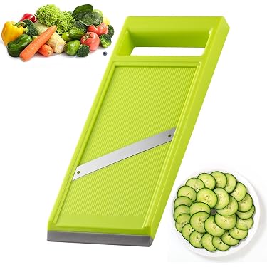 HENSSLERS Obst- & Gemüsehobel – 4 Messer-Einsätze, Aus Bambus & Edelstahl, Mit Glasbehälter