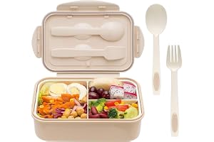 YumLock Bento Box, 3 Compartments 1400ml Lunch Box For Kids and Adults with Reusable Spoon and Fork, Leakproof Food Container for On the Go Meal, Microwave Safe (Khaki)