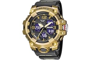 SMAEL Men's Watches Military Outdoor Waterproof Sports Wrist Watch Date Multi Function LED Alarm Stopwatch, Digital Watches for Mens, Black Glod, Large Face