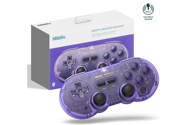 8Bitdo Controlador de Juego Bluetooth SN30 PRO Compatible con Switch PC, Upgrade Hall Effect Joystick Gamepad Inalámbrico para PC, Windows, Android, macOS, Steam, Raspberry Pi (Transparencia Púrpura)
