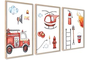 ag.art deco Quadri Cameretta Bambino 40x50 cm | Accessori Cameretta Bambina o Cameretta Neonato | Set di 3 Poster Bambini senza Cornice (Vigili del Fuoco)