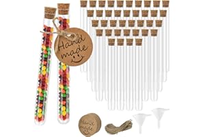 MVQPER 40PCS Clear Plastic Test Tubes with Cork Stoppers, 20ML Transparent Test Bottles with 40 PCS Kraft Paper Tags, 10m Hemp Rope, 2PCS Funnels for Jewelry Seed Beads Powder Spice Liquid Storage