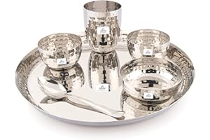Arham Stainless Steel Hammered Dinner Set of 6 Pieces (1 Set)|Premium Saffron Thali Set | Dinner Set Combo | Long Lasting Din