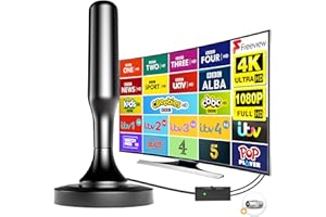 CENBOU Indoor TV Aerial with Strong Signal Booster - Digital Antenna for Freeview DVB-T2, Supports 4K/1080P Smart TVs, VHF/UHF Reception, with Magnetic Base, 16.4ft Coax Cable & F-Type Male Connector - Black