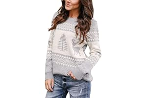 Cassiecy Womens Christmas Jumper Long Sleeve Xmas Reindeer Snowflakes Knitted Pullover Sweater