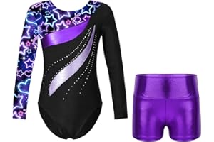 ranrann Enfant Fille Justaucorps Gymnastique Brillant avec Short Ensemble Danse Gym Métallique Costume Spectacle 5-14 Ans