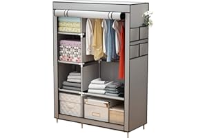 ACCSTORE Canvas Wardrobe Portable Wardrobe Clothes Storage With 6 Shelves and Hanging Rail,Grey