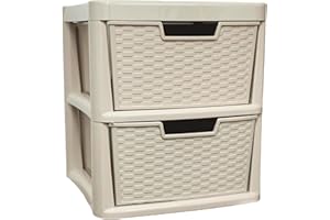 ALEEZ - Large Plastic Drawer Storage Unit - Rattan Effect 2 Drawer Cabinet - Multipurpose Storage Organiser - Office, Tabletop Desktop Drawer - Bedroom Chest Drawer Unit - (Mushroom, 2 Drawer)
