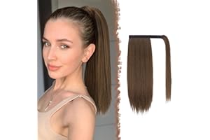 FESHFEN Coda Finta Capelli Extension, 40 cm Coda di Cavallo Extension Coda Capelli Lisci Lungue Sintetica Wrap Around Ponytail Extension, Marrone muschio