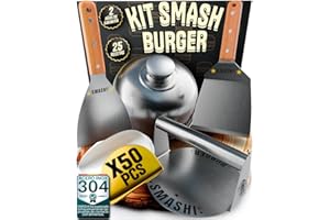 SMASHI BURGER SMASHI® Smash Burger Kit Profesional Acero Inoxidable 304 Certificado EU Contacto Alimentos | Prensa Hamburguesas + 2 Espátulas con Mango de Madera + Accesorios | Incluye 25 Recetas (CLÁSICO)