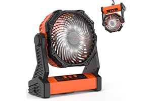 KITWLEMEN Camping Fan with LED Lantern 10000mAh Rechargeable Battery Operated Outdoor Tent Fan with Light & Hook,270° Pivot,3 Speeds, Personal USB Desk Fan for Camping, Fishing Power Outage Hurricane-Orange