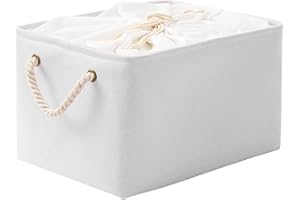 Yawinhe Foldable Storage Baskets 1 Pack, with Drawstring Cover and 2 Handles, Fabric Collapsible Storage Bins, for Shelves, Clothes, White, SNK003WS