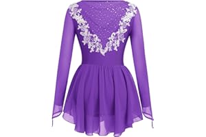 IBAKOM Ice Skating Dress for Women Long Sleeve Figure Skating Costume Rhythmic Gymnastics Leotard Sparkly Chiffon Skirt