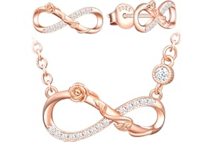 INFINIONLY Juegos de joyas, Pendientes Pulsera Collar colgante para mujer niña, pendientes pulsera collar de plata 925, Juegos de joyas con símbolo de infinito y flor rosa, con circón, oro rosa