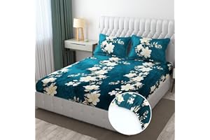 ULOM 310 TC Premium Elastic Fitted Warm bedsheets for Winter for Double Bed, Elastic Fitted Winter bedsheets for King Size Bed with 2 Pillow Covers, Size - 72 x 78 Inches (Blue Flower)