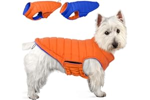 Lelepet Reversible Dog Winter Coat, Warm Waterproof Jacket for Small Dogs, Puppy Winter Puffer Jacket, Windproof Dog Vest, Easy on/Off, Orange S