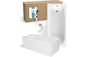 Calmwaters® Premium Badewanne Komplettset 170x75 cm Original, Made in EU, 3in1 Acryl-Badewanne mit Wannenträger & Ablaufgarnitur, Körperformbadewanne, Rechteckbadewanne 170 x 75, 200 l, Weiß
