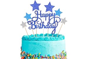 ZAWTR Decorazione per Torta, Blu Happy Birthday Cake Topper per Ragazze Ragazzi Donne Uomo Decorazione per Torte Compleanno, Stella d'Argento Cupcake Toppers per Bambini Compleanno Feste Glitter Forniture