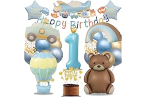 1. Geburtstag Junge Bär Deko Party, Luftballon Geburtstag 1 Jahr Blau Gold, Kindergeburtstag Deko Bär Auto Regenbogen Flugzeug, Happy Birthday Banner und Tortendeko (Geburtstagsdeko 1 Jahr Junge Set)