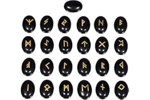 mookaitedecor Black Obsidian Rune Stones Set of 25, Engraved Elder Futhark Alphabet Symbol Cabochon Carved Runes Stones for Divination Wicca Supplies