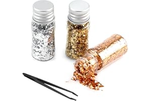 LEUUD Oro Alimentare 3 Bottiglie, Foglia Oro Alimentare, Foglia Oro Decorazione, Oro Commestibile, Commestibili Oro Rame Argento Glitter Fogli D'Oro, per Pasticceria Dolci Unghie e Fai Da Te Artigianato