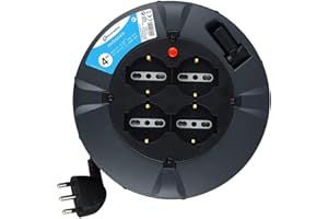 Electraline 49019 Prolunga Elettrica con Avvolgicavo, 3G 1 mm, Lunghezza 4 m, 4 Prese Bivalenti, Spina 16 A, Nero