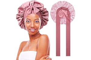 Tundwhite Satin Bonnet Nacht Schlafmütze,Doppelseitig Seidenhaube Zum Schlafen Schlafhaube,Verstellbare Seidenhaube,Seide Locken Atmungsaktive Seide Schlafmütze für Damen,gelockt,langes Haar (Rosa)