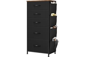 YITAHOME Cassettiera in tessuto con tasche laterali, ganci, armadietto con 5 cassetti, Cassettiera per Corridoio, con vano contenitore per soggiorno, camera da letto, cameretta dei bambini,nero