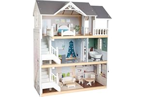 Small Foot Puppenhaus Stadtvilla aus Holz, mit 3 Etagen, offener Front und 12 Möbeln, für Kinder ab 3 Jahren, 11802, Weiß Grau
