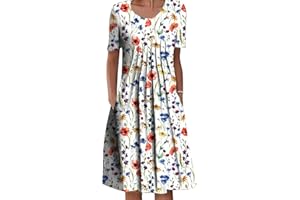 Achinel Women's Floral Print Midi Dresses Ladies Crew Neck Short Sleeve T Shirt Dress Summer Sundress Casual Boho Bohemian Dress