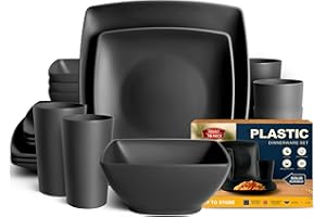 Teivio 16-Piece Kitchen Reusable Plastic Square Dinner Set, Service for 4, Dinner Plate, Dessert Plate, Cereal Bowl, 13.5 oz Cup, Unbreakable Plastic Plate and Bowl Set, Outdoor Camping Dishes, Black