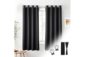 Cozyor Verdunklungsvorhänge Gardinen 2er Set mit Magnet-Raffhalter Thermogardine gegen Kälte 100% verdunkelnd, schwarz Eclipse, Gardine mit Ösen für Schlafzimmer, Wohnzimmer, Kinderzimmer 175x135 cm
