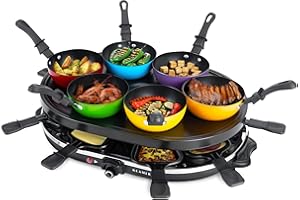 ‎KLAMER KLAMER Raclette-Wok 1200 W – Raclette Grill mit 6 Wokpfännchen & 8 Raclettepfännchen, Antihaftbeschichtung, stufenloser Temperaturregler, inkl. Holzspatel & digitalem Rezeptbuch