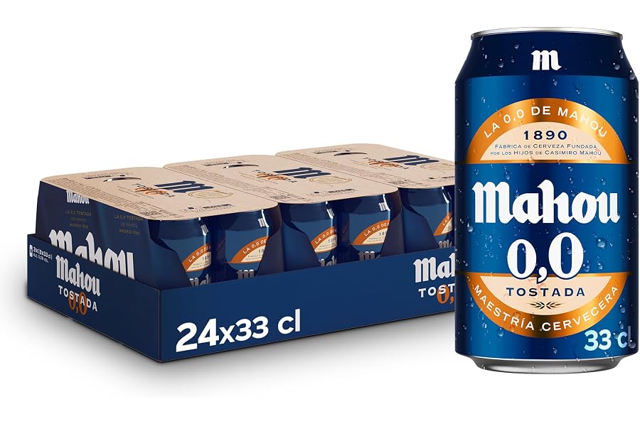 Mahou 0,0 Tostada, Pack de 24 Latas x 33 cl, Cerveza Lager Refrescante, Ligera y Suave, Sabor Auténtico, Cerveza 0.0% Vol Alc