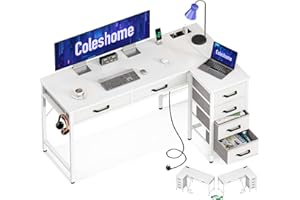 ‎COLESHOME Coleshome Eckschreibtisch mit 6 Schubladen, Schreibtisch L Form mit Steckdose, Weiß PC Tisch und Computertisch mit Stauraum, Umkehrbarer Bürotisch fürs Schlafzimmer mit Haken, 126x80 cm
