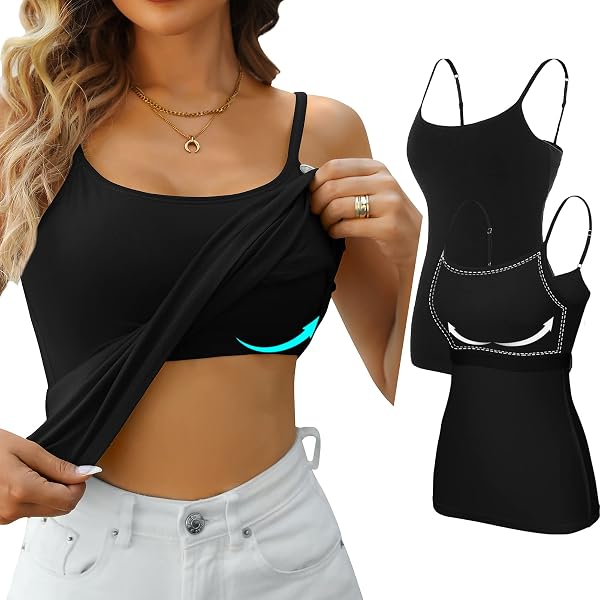 Emmalise Women's Cami With Built-In Bra – Wireless, Supportive, Cotton-Spandex Blend (3-Pack, Black, Large)