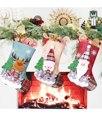 Calze Di Natale Decorative - Set Di 4 Con Babbo Natale, Pupazzo Di Neve E Renne Per Camino