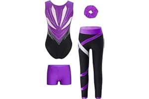 Oyolan 4 Pièces Ensemble de Gymnastique pour Fille Enfant Justaucorps et Legging Short Chouchou Tenue Danse Gym Patinage Sport Fitness