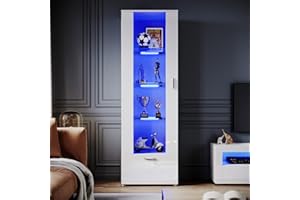 ELEGANT 187cm Tall Display Cabinet Sideboard Cupboard Unit Furniture, Carcass in Clear Acrylic/Front in White High Gloss, Multicolour LED Lights with Remote, 187x60x40cm (HxWxD)