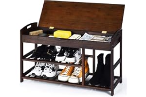 CASART Shoe Bench, 3-Tier Shoe Storage Rack with Seat, Shelf & Hidden Compartment, Bamboo Shoe Shelf Storage Organizer for Hall Entryway Bedroom Living Room
