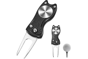 Threan Golf Divot Werkzeug Edelstahl Golf Divot Reparatur Werkzeug Faltbare Golf Pitchgabel Metall Golf Divot Werkzeug mit Knopf und Golfball Marker für Golf, Schwarz