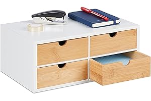 ‎RELAXDAYS Relaxdays Organizer na biurko, 4 szuflady, na przybory biurowe, wys. x szer. x gł.: 14 x 33 x 21 cm, bambus i MDF, biały/naturalny