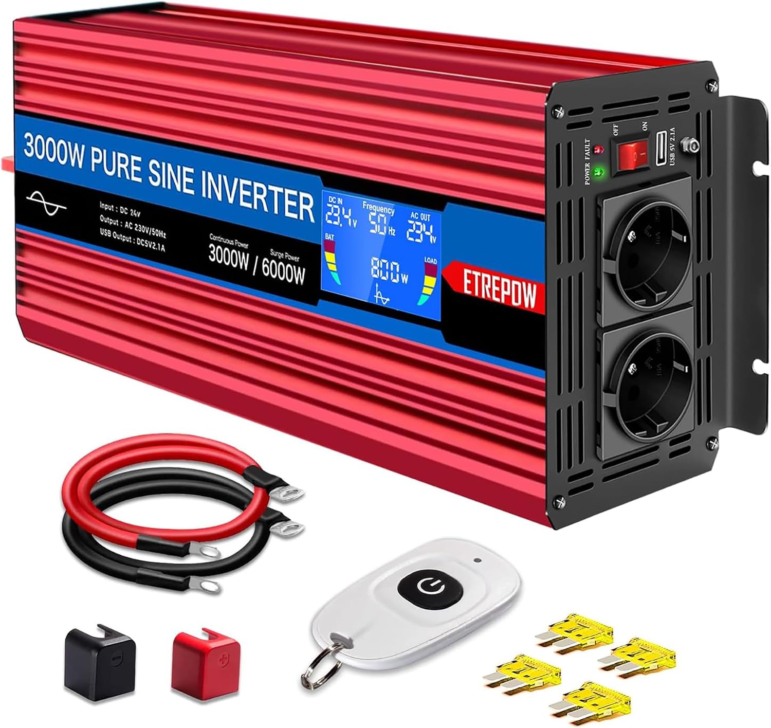 ETREPOW Inversor 24v 220v Onda Pura 3000w/6000w Convertidor de Voltaje con 2 enchufes EU y USB, Mando a Distancia inalámbrico,Pantalla LCD para Sistemas solares, caravanas, Coches, Camping