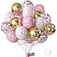 Girls 3rd Birthday Balloons Pack of 16Pc,12inch Pink and White Gold Happy 3rd Birthday Balloons Printed Latex Party Balloons,Numbers Balloons Decorations for Girls 3 Anniversary Birthday Party Supplie