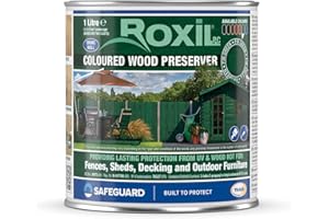 Roxil Wood Stain Preserver (Fir Green, 1 Litre) - Fast-Drying Satin Finish for Decking, Fence, Shed, Furniture. 5 Year Waterproofing Protection for Indoor & Outdoor