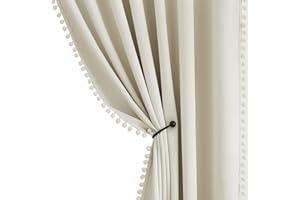 TREATMENTEX Pom Pom Ivory Blackout Curtains for Living Room 90-inch Drop Bedroom Light Blocking Beige Curtains Energy Saving Triple Weave Full Blackout Window Treatment Sets Pencil Pleat, 50" w 2pcs
