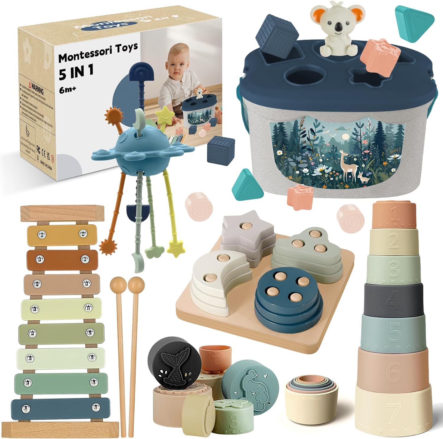 Juguetes Bebes 6-12 Meses,5 en 1 Juguetes Montessori,Juguetes Sensoriales con Cuerda para Tirar, Clasificación y Apilamiento de Formas,Xilófono,Taza de Apilable,Regalos Bebés Montessori 6 a 12 Meses