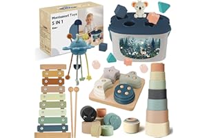 ALMAXI Baby Toys 6 to 12 Months, 5 in 1 Montessori Toys for Babies 6-12 Months, Sensory Toys with Shape Sorting & Stacking, Xylophone, Silicone Pull String Toy, Stacking Cups, 6 8 9 Month Old Baby Toys Gift