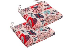 Makimoo 2-Pack Outdoor/Indoor Wicker Patio Seat Cushion Pad with Ties - Weather Resistant, Decorative Dining Chair Cushion, 42 x 42cm (Blue and Red Leaves)